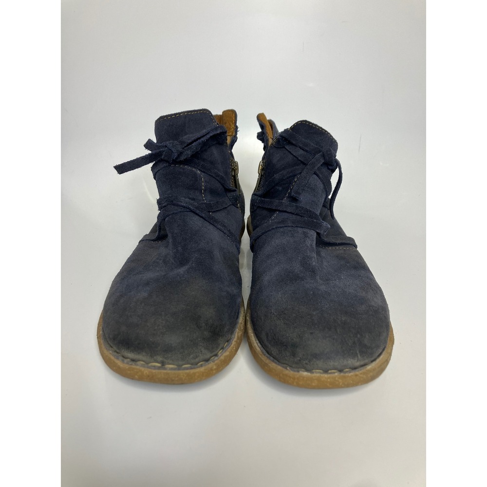 Born Suede Ankle Boots Womens 9 Navy Blue Good Side Zip Wrap Lace Flat Booties - Picture 2 of 8
